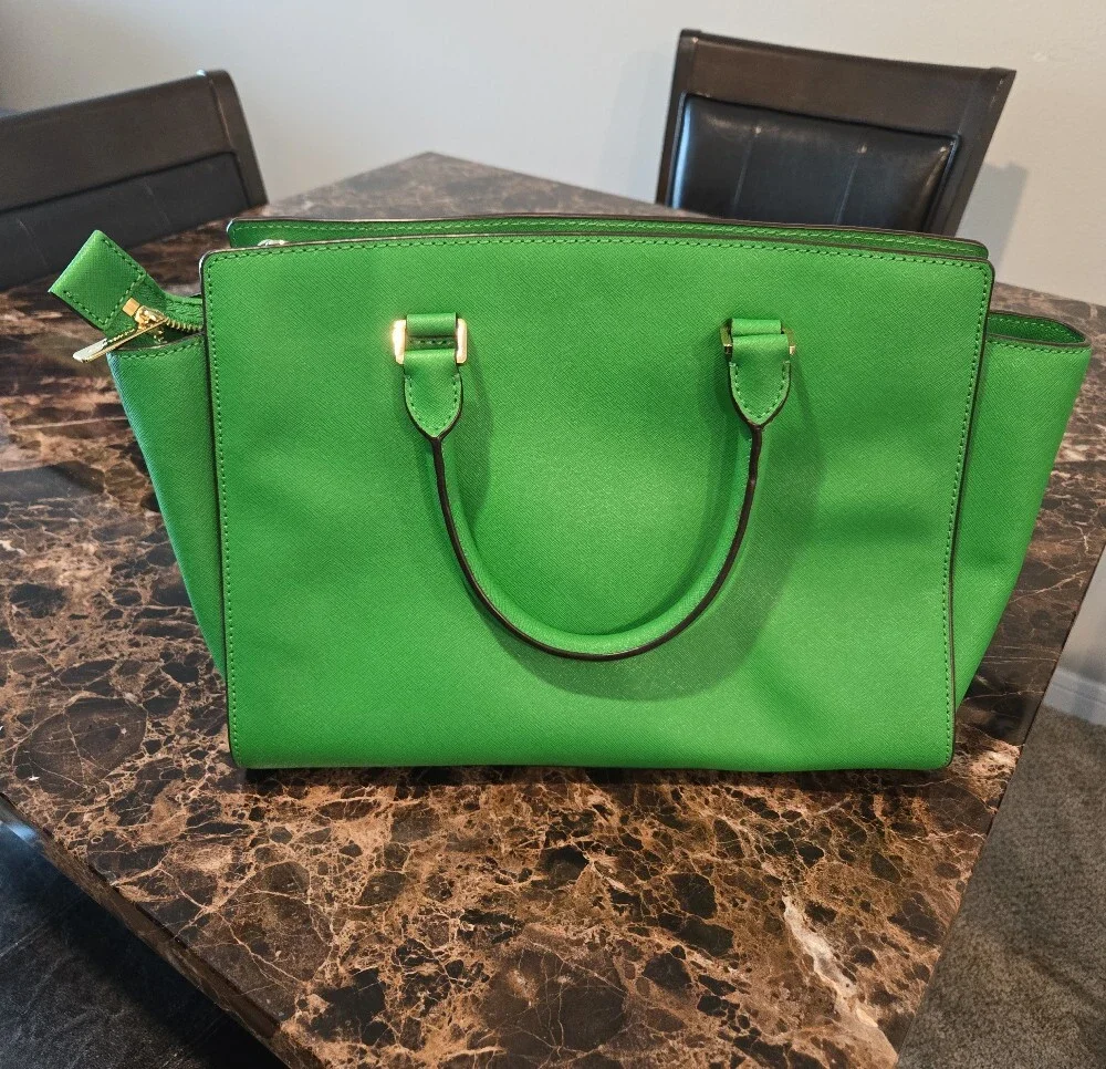 Michael Kors Bright Green Saffiano Leather Satchel with Gold Hardware
